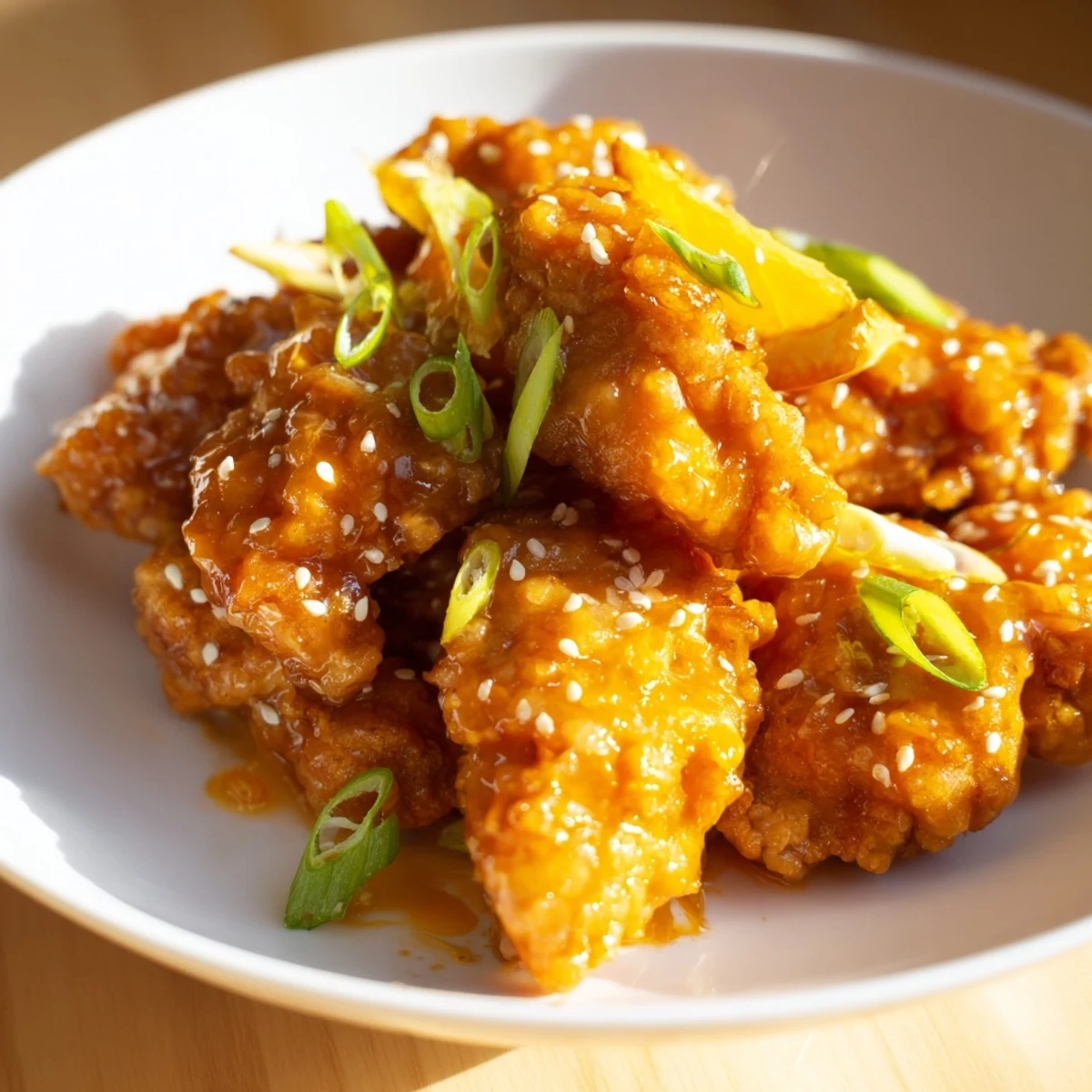 Sweet and savory Orange Chicken, with visible spring onions and sesame seeds for delicious flavor.