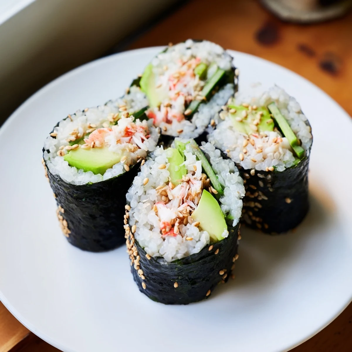 Freshly made California roll, showcasing vibrant avocado, crab, and sesame seeds; perfect sushi!