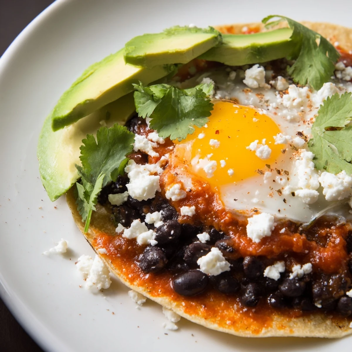 A plate of vibrant Huevos Rancheros, with runny eggs, black beans, and cool avocado slices.