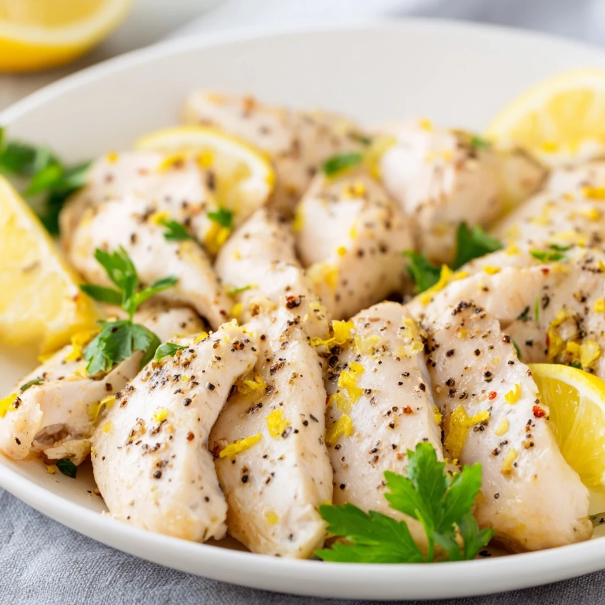 Golden-brown Lemon Pepper Chicken, perfectly pan-seared and ready to be served with lemon wedges.