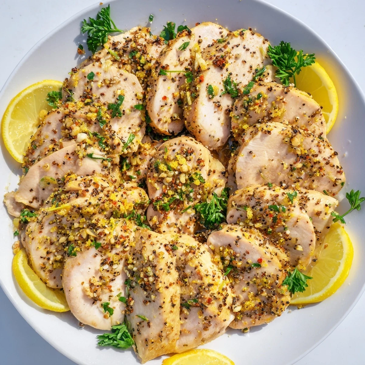 A close-up of tender Lemon Pepper Chicken, garnished with parsley for an easy weeknight dinner.
