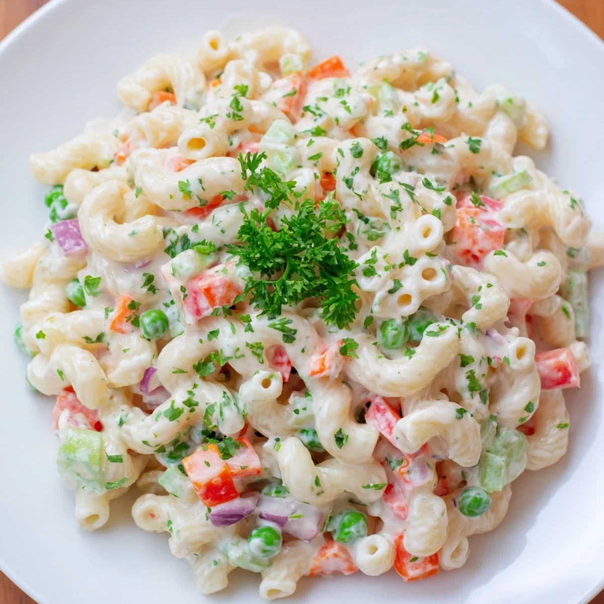 A creamy bowl of macaroni salad with vibrant vegetables, perfect for a picnic.