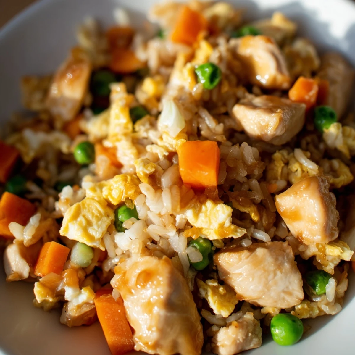 Golden chicken fried rice with fluffy rice, diced veggies, and tender chicken pieces.