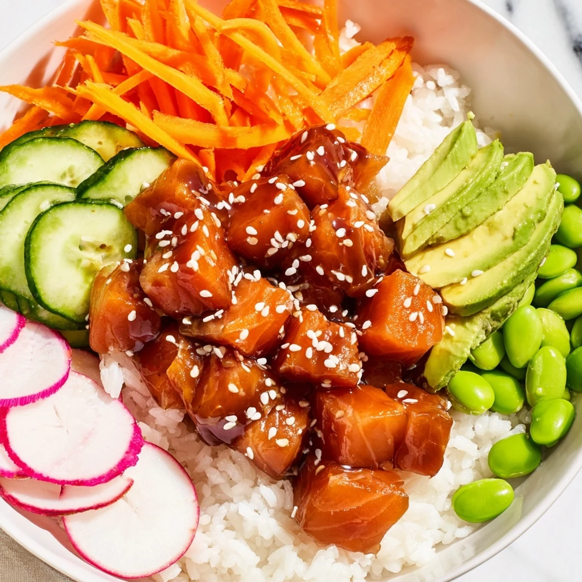Vibrant poke bowl with fresh tuna, creamy avocado, and colorful vegetables ready to eat.