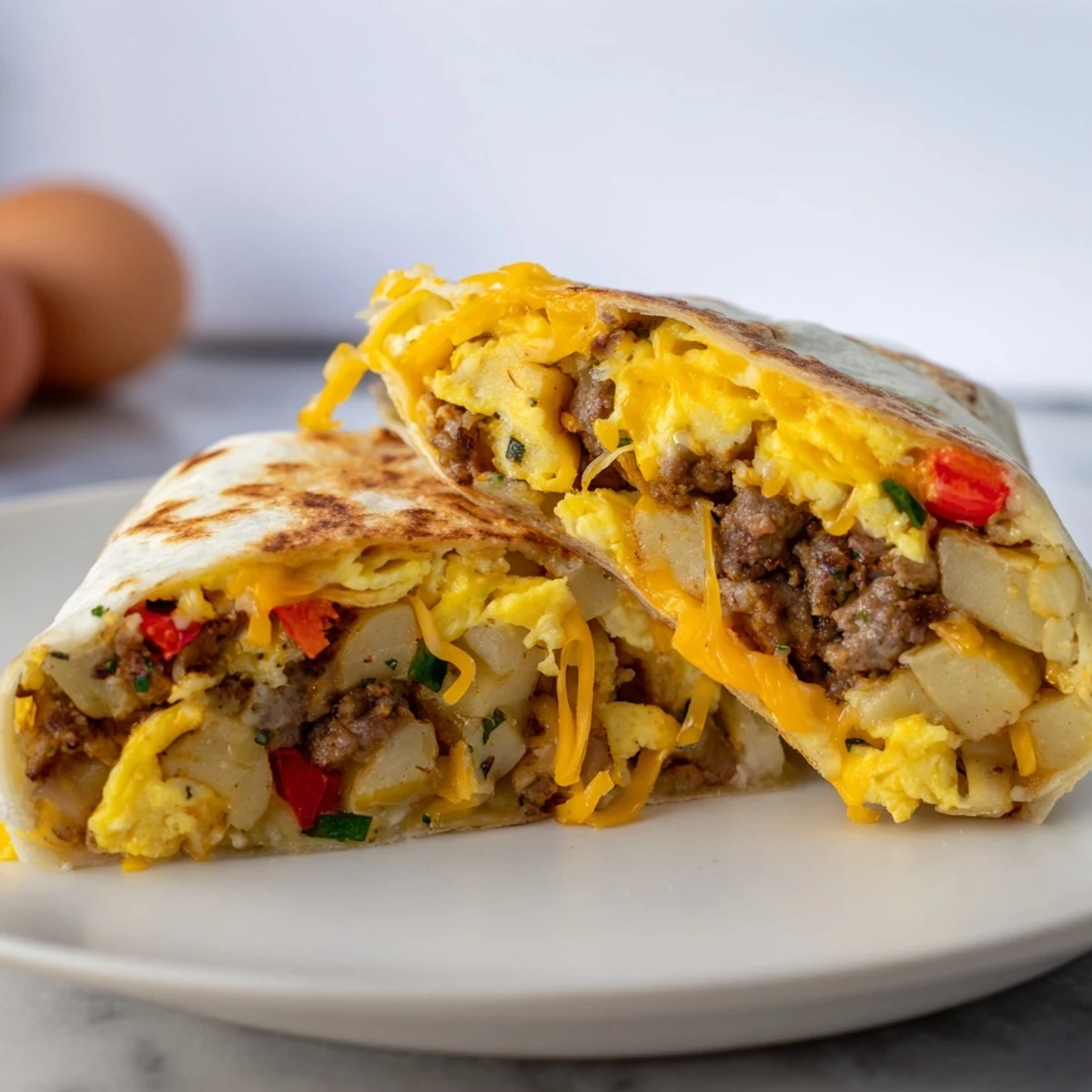 Breakfast Burrito with melted cheese, fluffy eggs and bacon, ready to enjoy for breakfast.