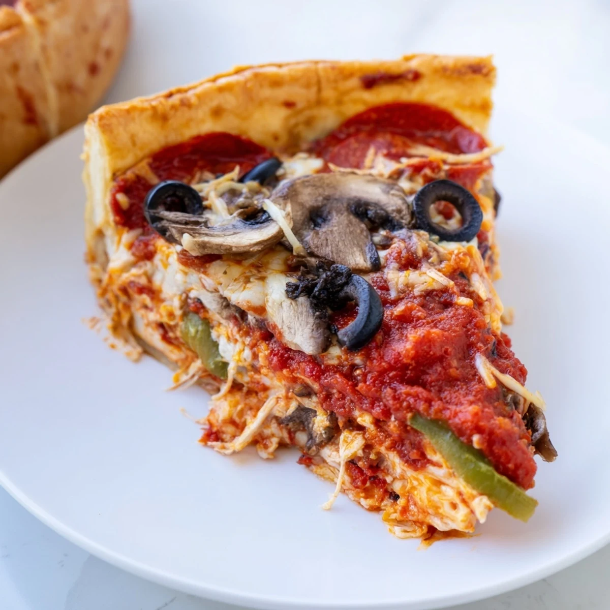 A Chicago deep dish pizza, bubbling with sauce and cheese, ready to eat.