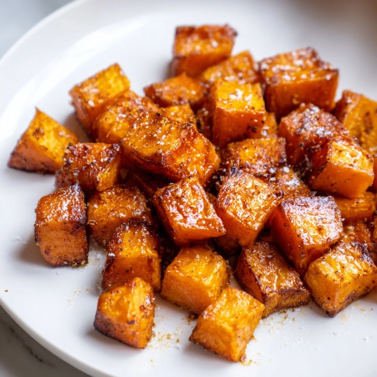 Warm, tender cubes of oven-roasted sweet potatoes, a simple and flavorful side to complete any meal.