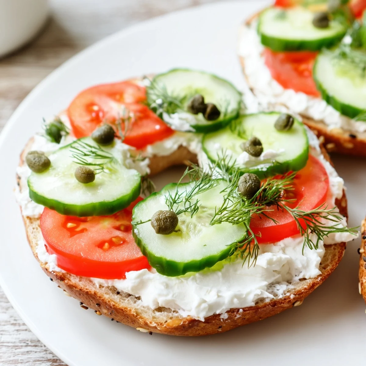 Toasted bagel with cream cheese, ready to enjoy with a creamy spread, perfect for breakfast.