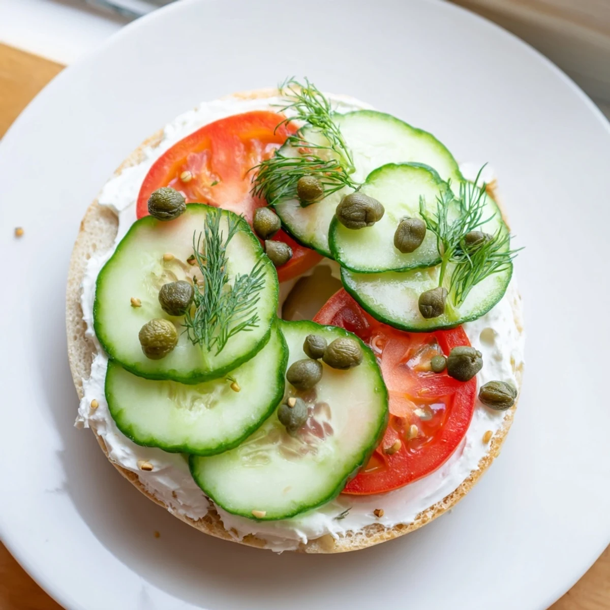 Close-up of a warm bagel with cream cheese, ready to be topped with fresh herbs, a simple delight.