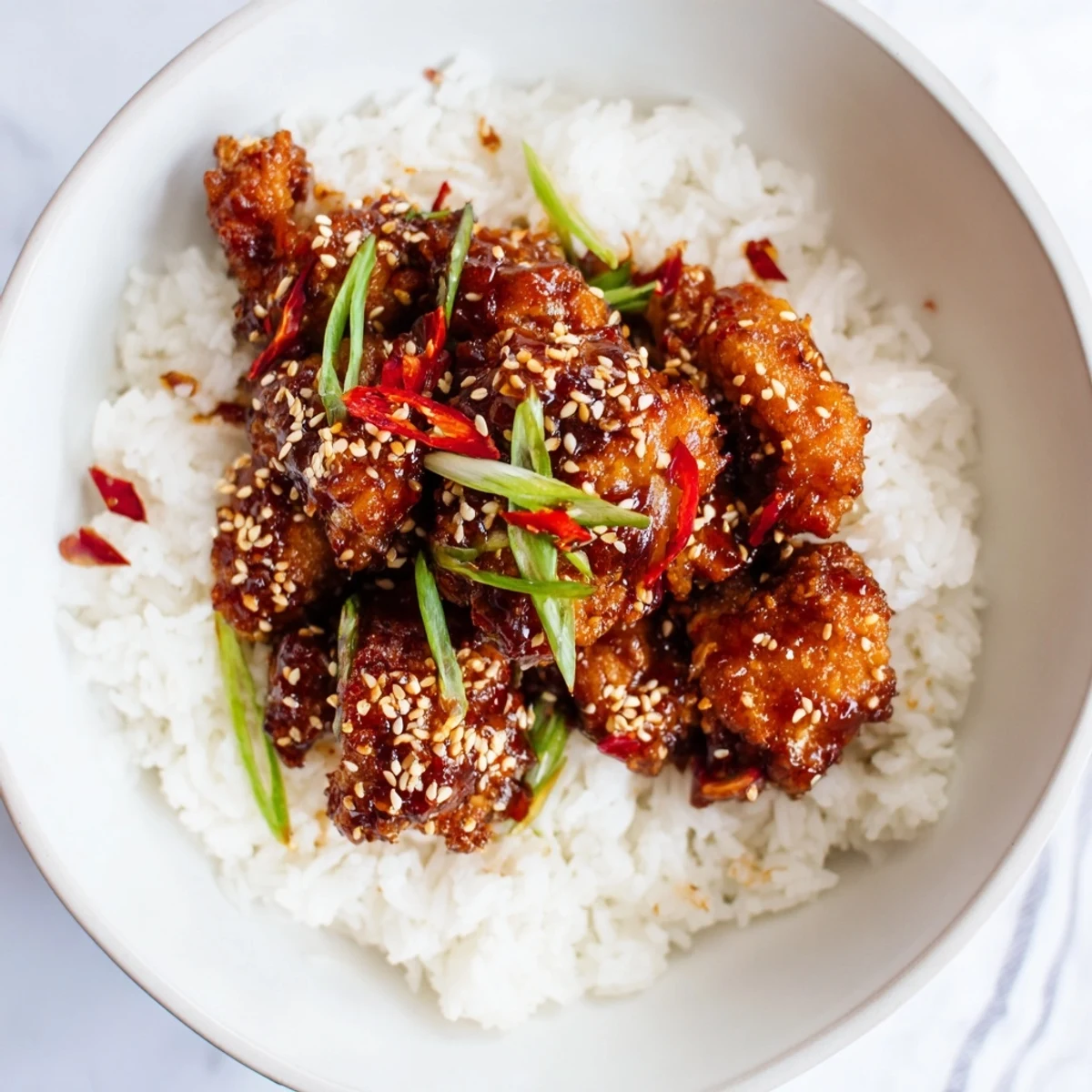 Golden-brown General Tso's Chicken, with a vibrant red sauce, served over fluffy white rice.