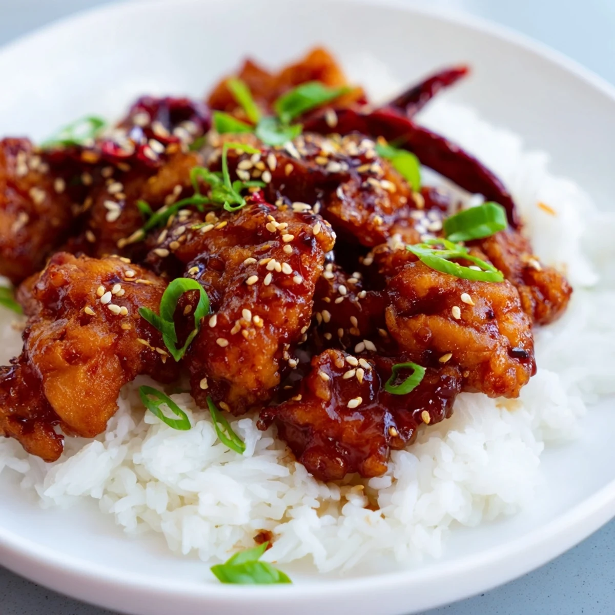 A flavorful plate of General Tso's Chicken: chicken pieces coated in a rich, delicious sauce.