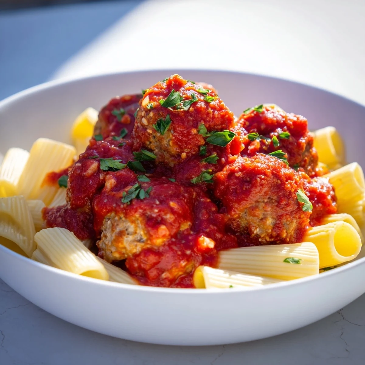 Steaming plate of savory turkey meatballs in rich tomato sauce, ready for a comforting meal.