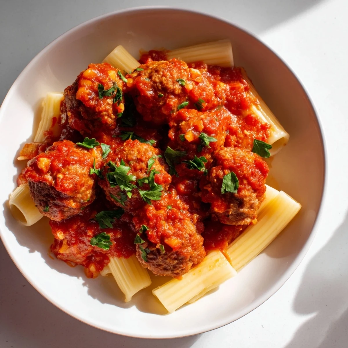 Delicious Italian-American turkey meatballs served over pasta, a classic, homestyle dinner image.
