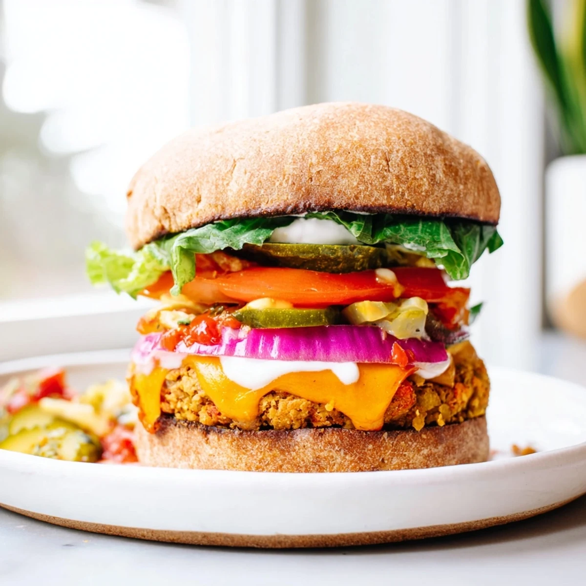 Golden brown veggie burger with melted cheddar, ready for a delicious bite.