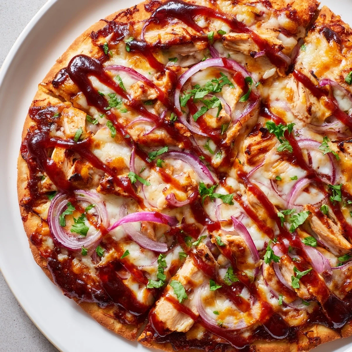Golden-crusted chicken BBQ pizza with smoky cheese, perfect for a casual weeknight dinner.