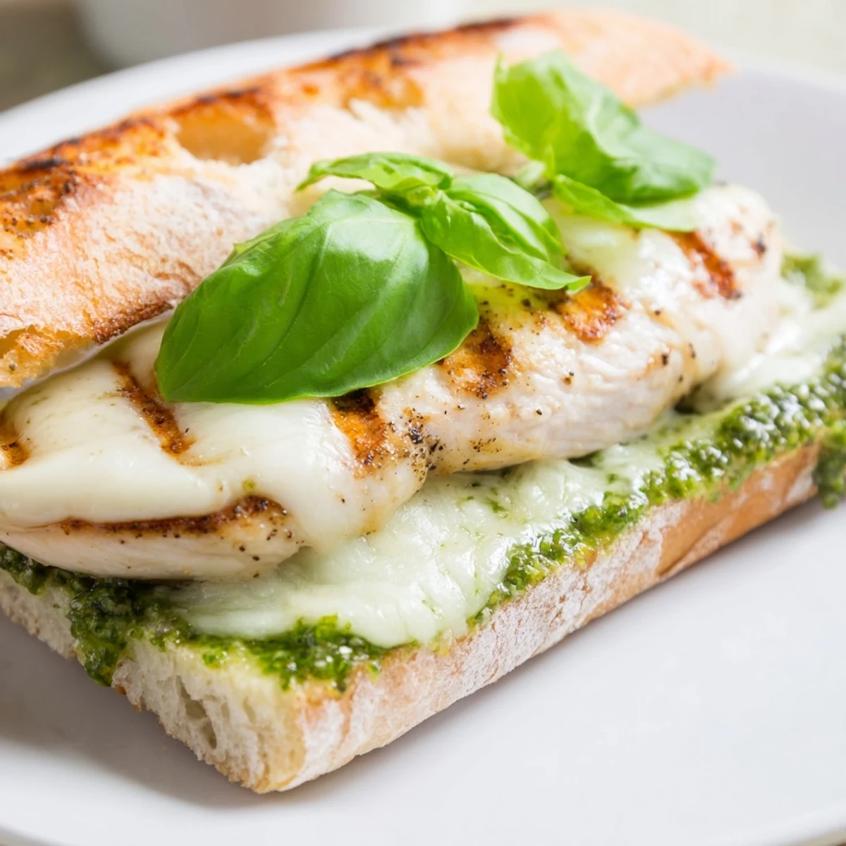 A close-up look at the toasted ciabatta roll filled with juicy chicken, basil pesto, and melted cheese in a Pesto Chicken Melt.