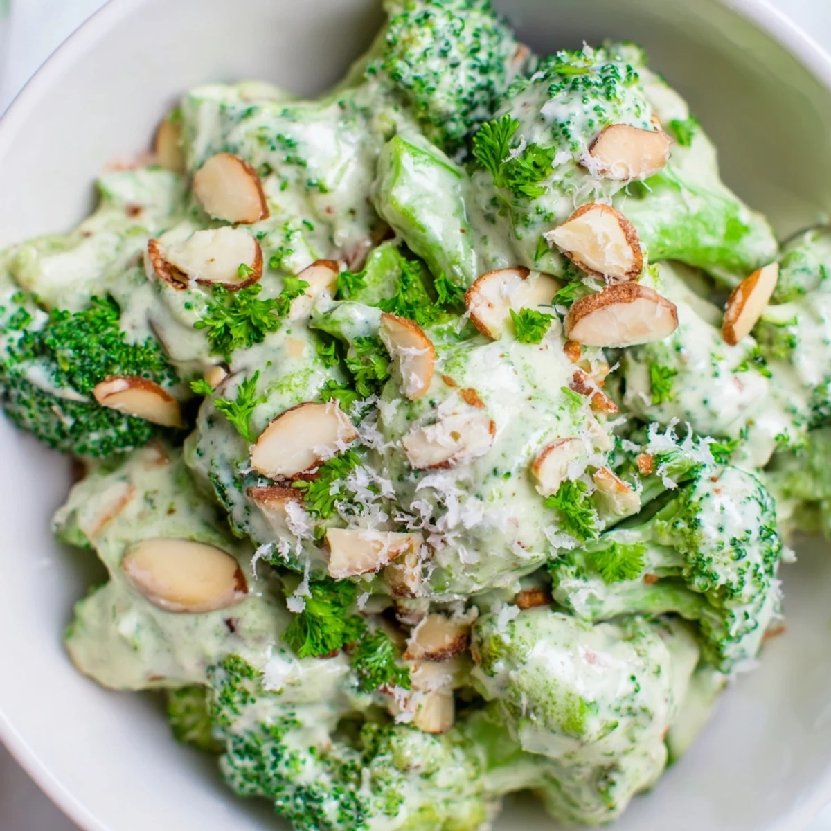 Freshly tossed Garlic Parmesan Broccoli Salad on a wooden table, garnished with chopped parsley and extra grated Parmesan for a quick, gluten-free side.