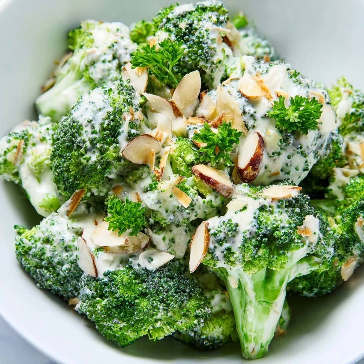 Creamy Garlic Parmesan Broccoli Salad in a white bowl with bright green blanched florets, red onion, cherry tomatoes, and toasted almond slivers.