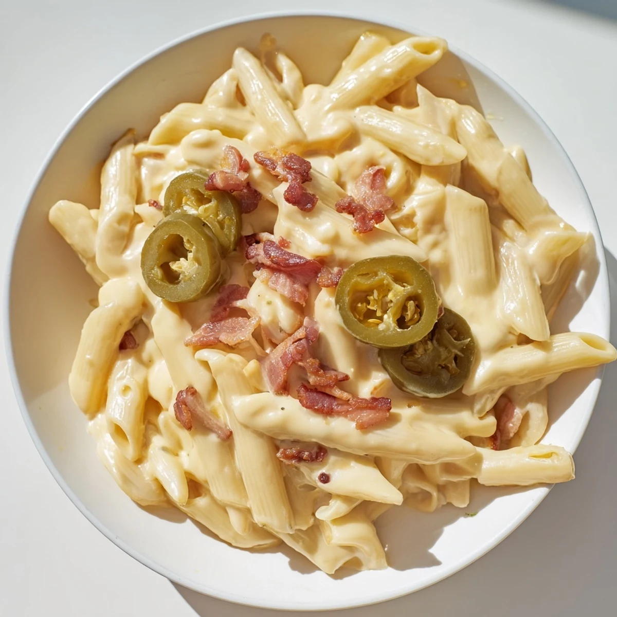 Creamy Jalapeño Popper Pasta with crispy bacon and roasted peppers served in a rustic dish.