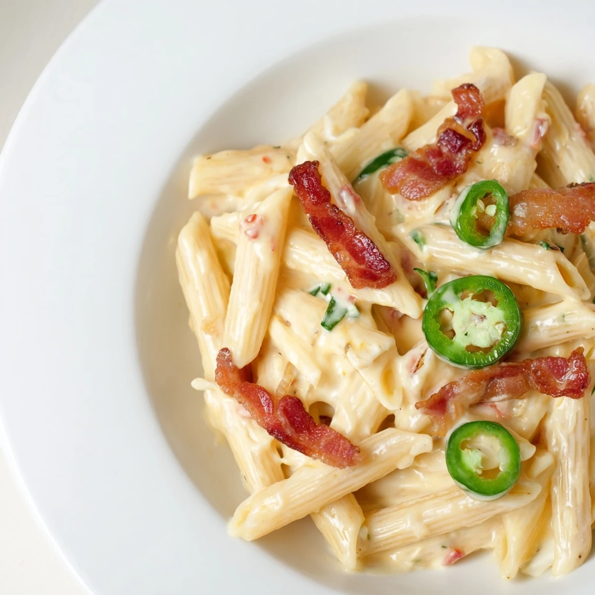Sizzling skillet of Jalapeño Popper Pasta topped with melted cheddar and fresh chives garnish.