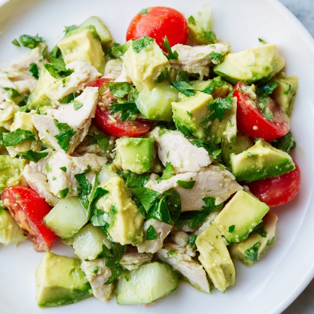 Freshly diced avocado, tender shredded chicken, and juicy cherry tomatoes tossed in a zesty lime dressing in a bright ceramic bowl.  