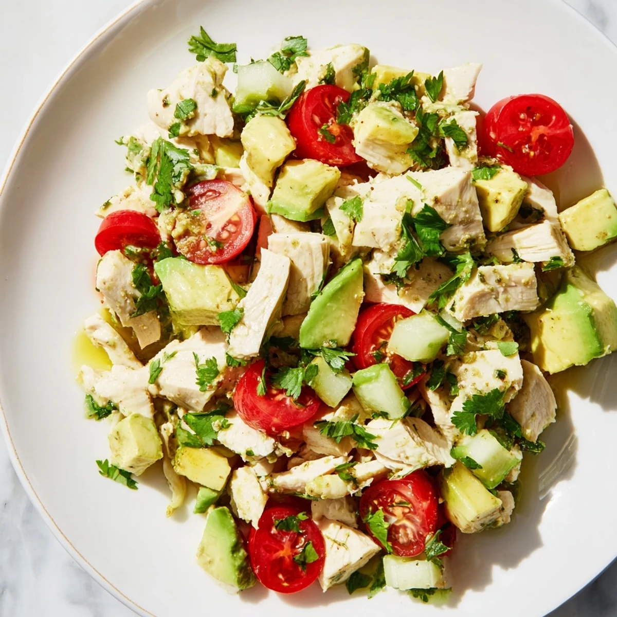 Healthy gluten-free avocado chicken salad in a white bowl, garnished with cilantro and a wedge of lime for serving.