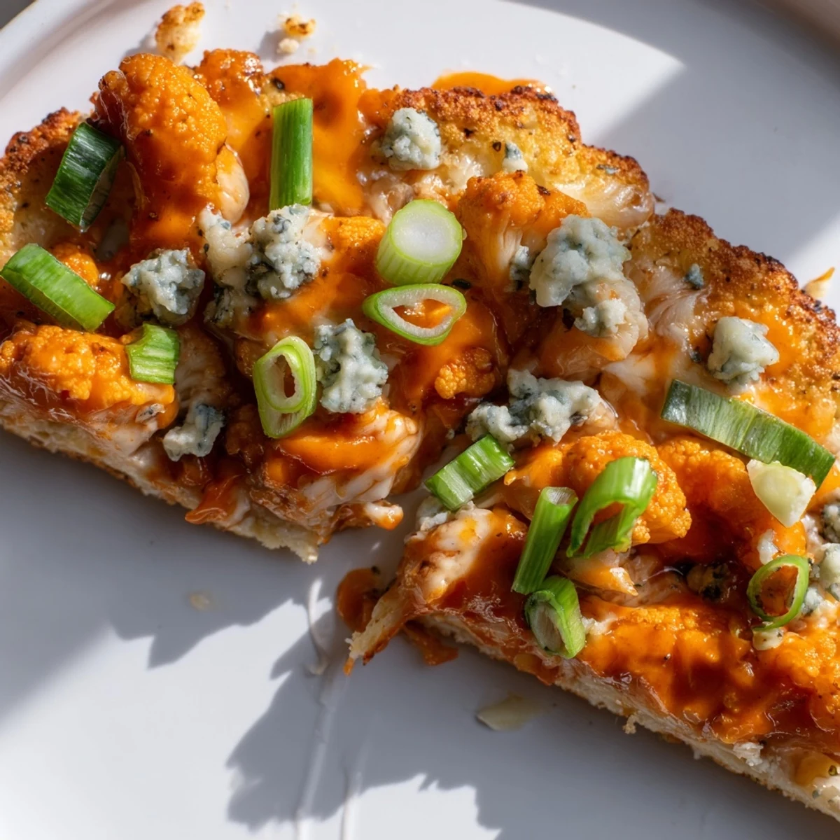 Golden-brown Buffalo Cauliflower Pizza topped with fresh green onions, sliced celery, and crumbled blue cheese on a rustic board.
