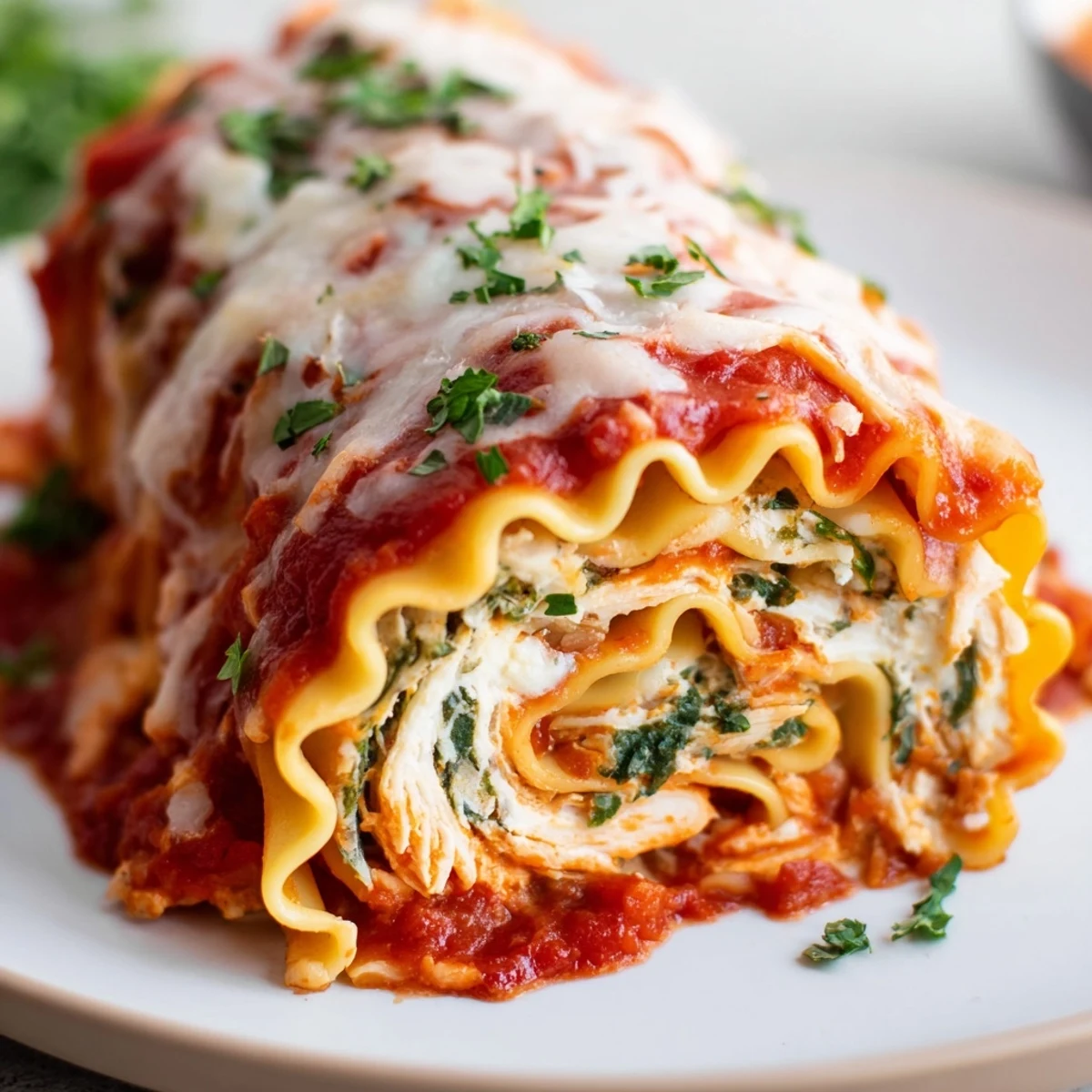 Golden-brown Chicken and Spinach Lasagna Rolls filled with creamy ricotta, tender chicken, and fresh spinach, topped with bubbling mozzarella and marinara. Perfectly baked and garnished with fresh parsley for a comforting weeknight Italian-American dinner.