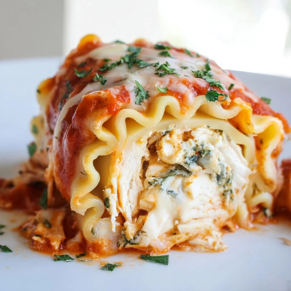 Close-up of Chicken and Spinach Lasagna Rolls showing rolled pasta spirals packed with chunky chicken and bright green spinach, smothered in rich red marinara sauce. A hearty, cheesy main course ready to serve alongside a crisp side salad.