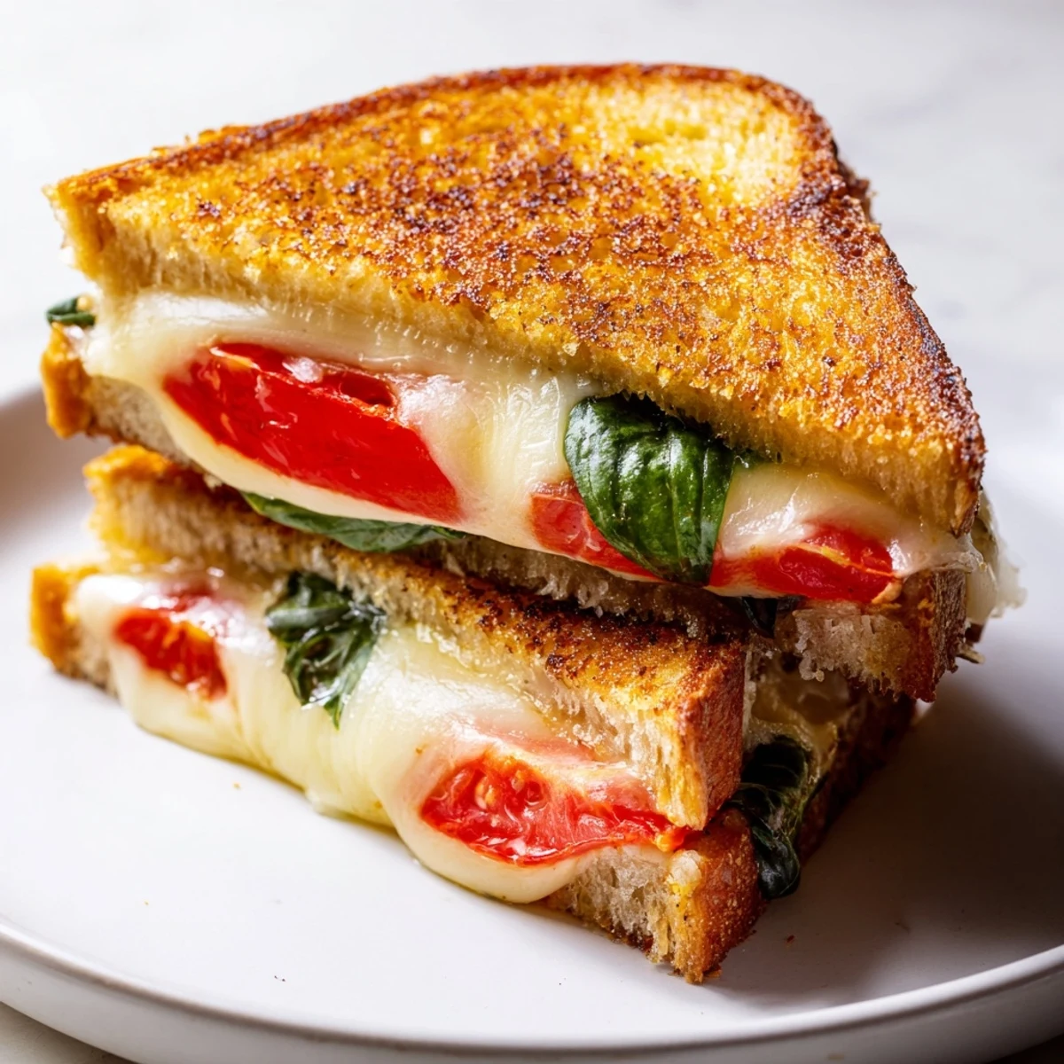 Golden-brown Tomato Basil Grilled Cheese sandwich, melted mozzarella and fresh basil peeking from crispy sourdough slices.