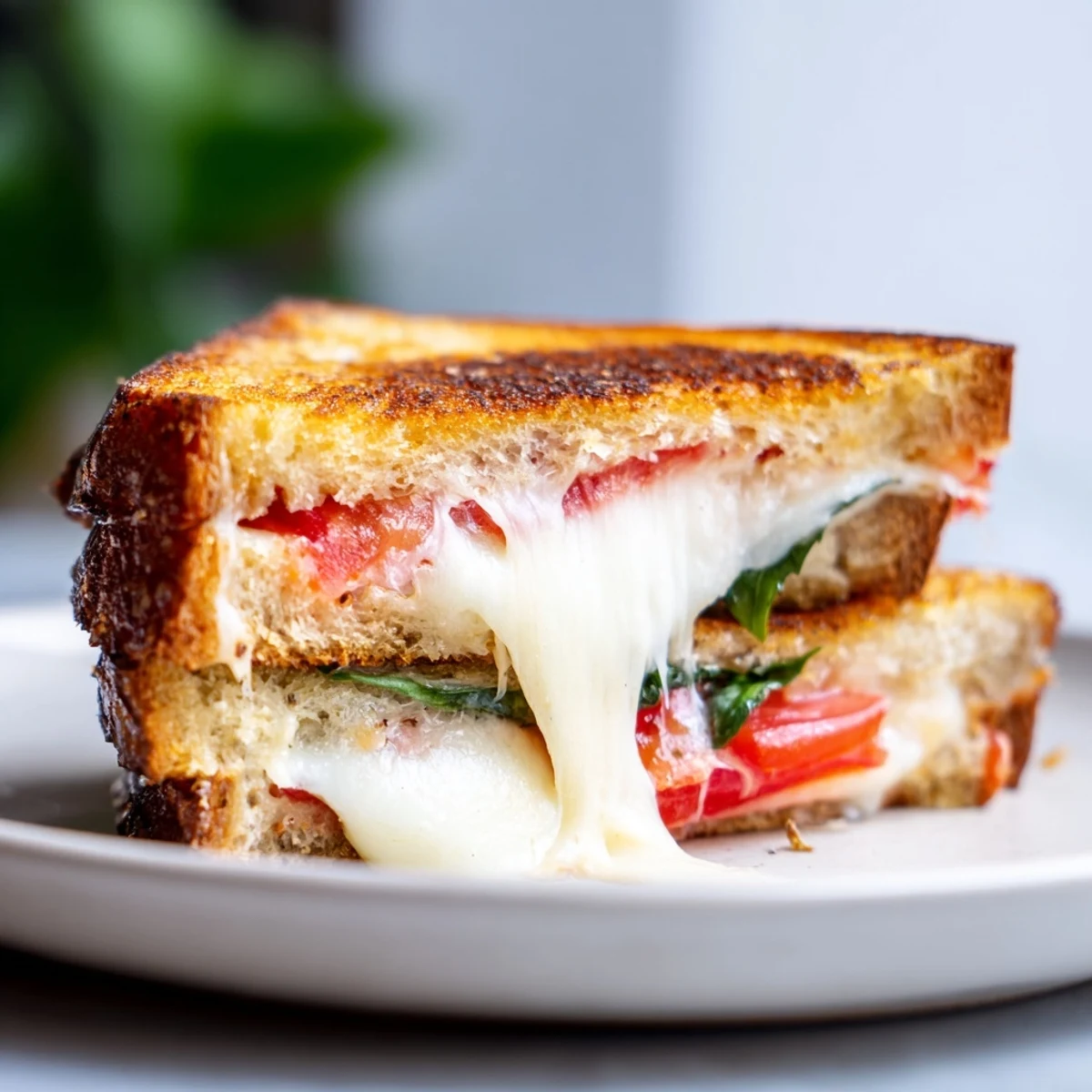 Gooey Tomato Basil Grilled Cheese on a wooden cutting board, paired with a warm bowl of tomato soup.