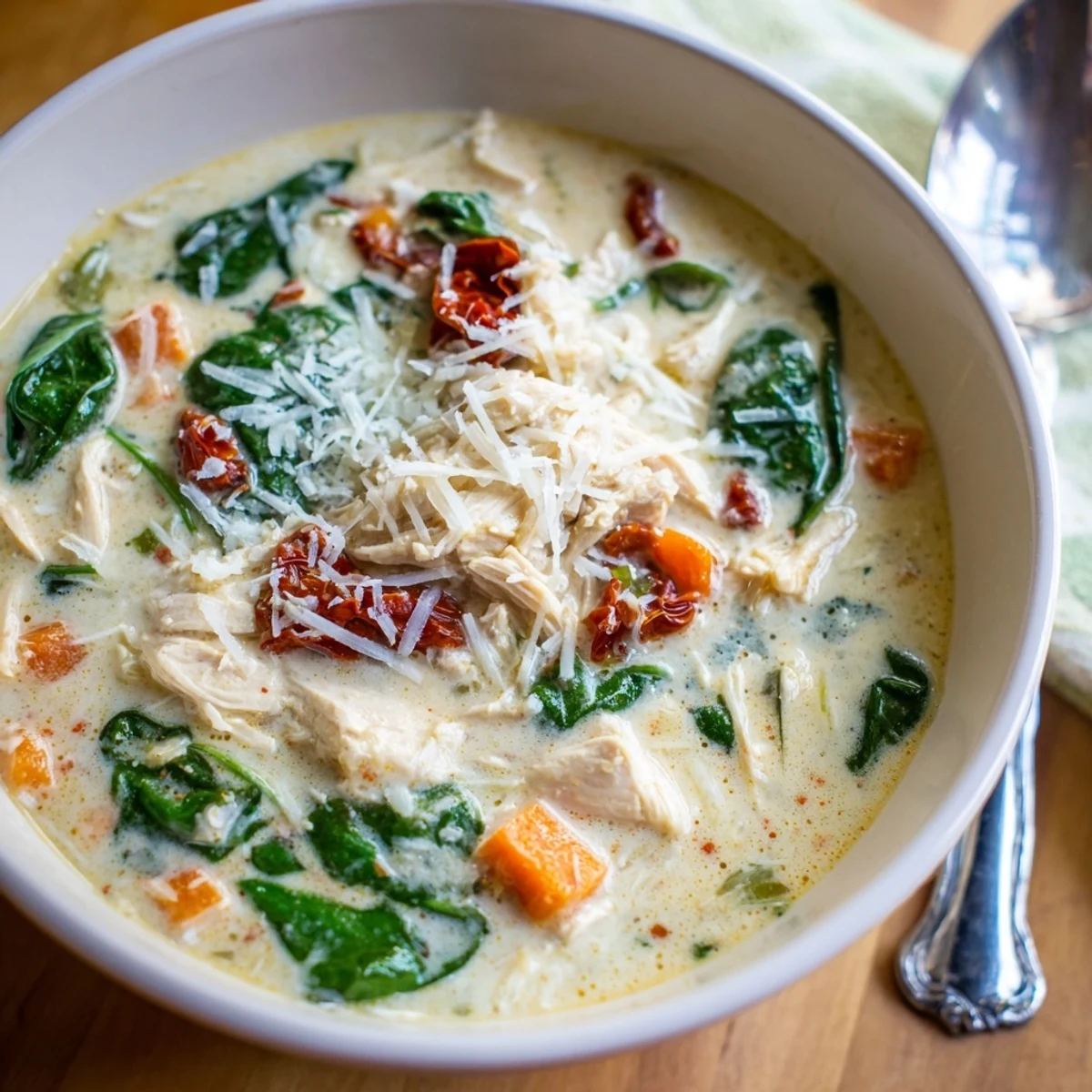 Steaming bowl of Creamy Tuscan Chicken Soup with shredded chicken, wilted spinach, and chopped sun-dried tomatoes in a velvety herb broth.