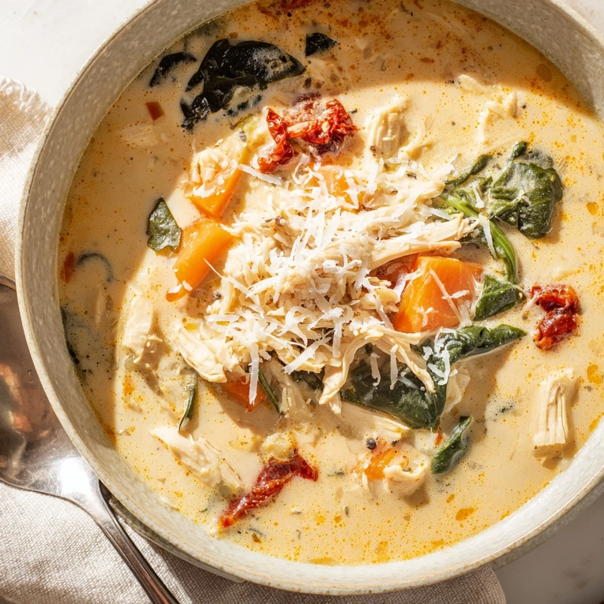 Creamy Tuscan Chicken Soup garnished with Parmesan and olive oil, served alongside a slice of warm crusty bread for dipping.