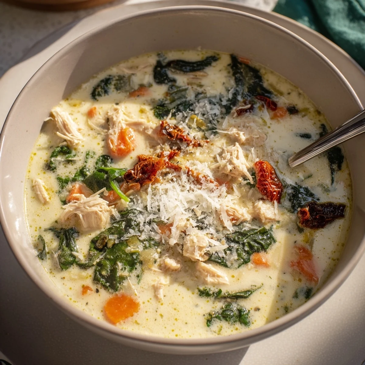 Hearty Italian-style Creamy Tuscan Chicken Soup featuring tender chicken, spinach, and sun-dried tomatoes in a rich, savory creamy broth.