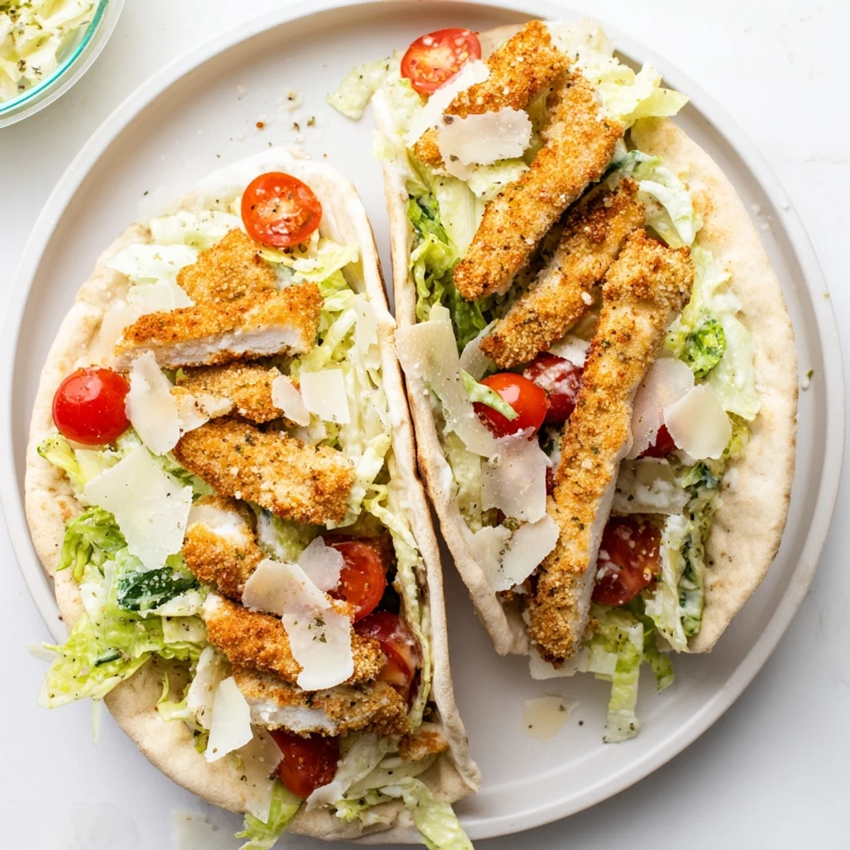 Golden, crispy herbed chicken cutlets, fresh Caesar salad, and warm pita pockets served with lemon wedges on a rustic plate.