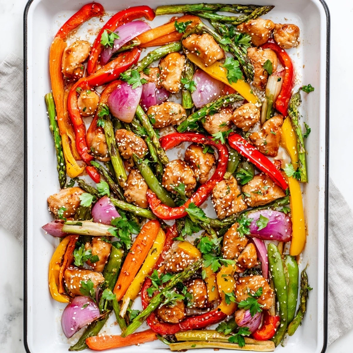 Roasted bite-sized chicken and colorful spring vegetables on a single sheet pan, glazed in glossy honey garlic sauce and garnished with fresh parsley.  