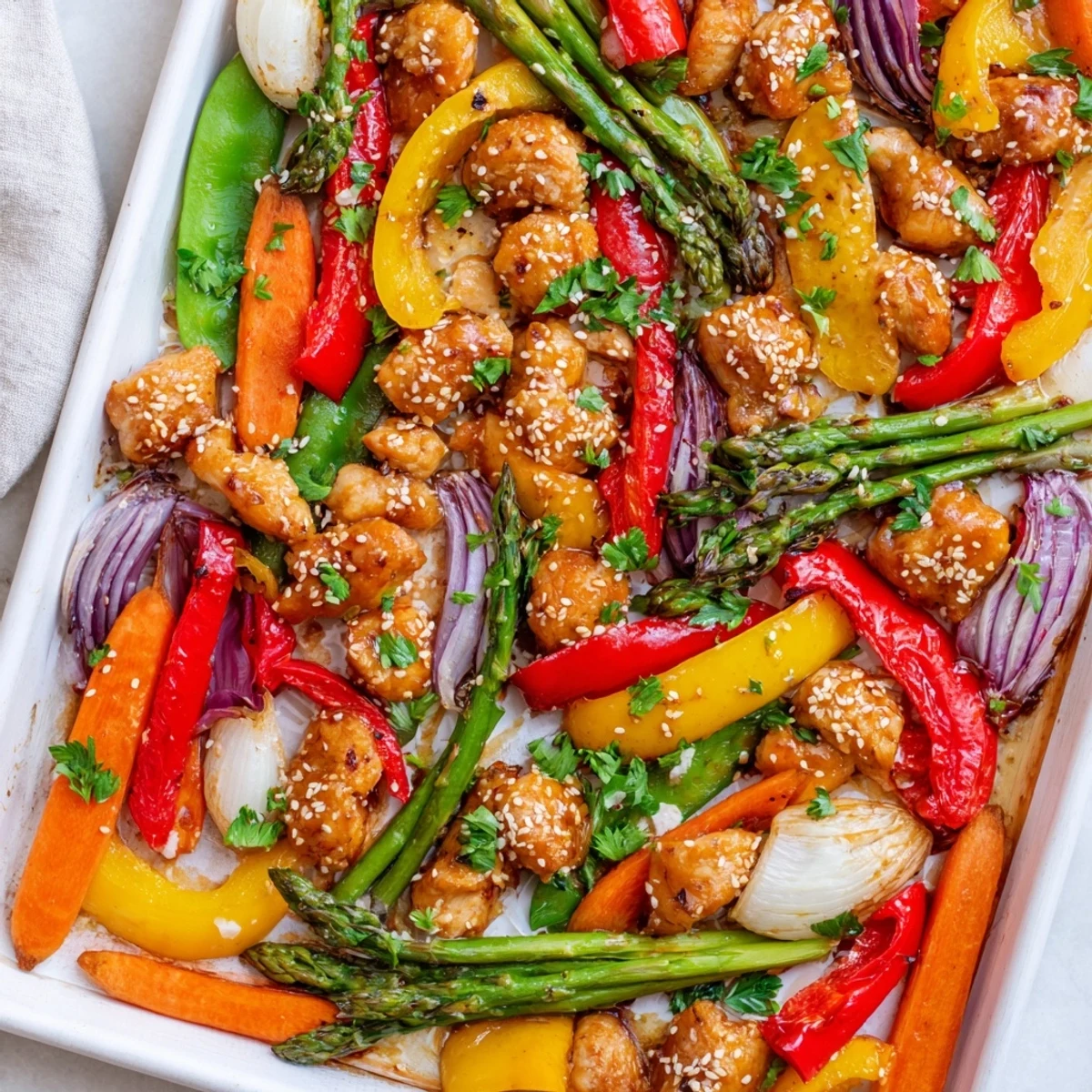 Tender sheet pan honey garlic chicken with crisp asparagus and bell peppers, served over steamed rice for an easy, colorful weeknight dinner.  