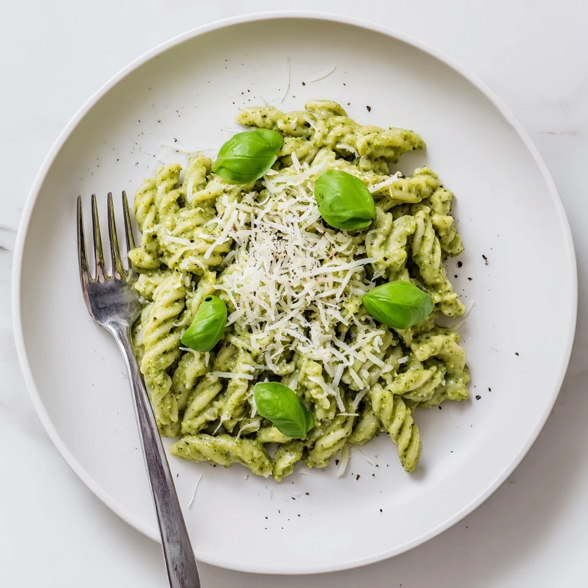 Creamy avocado pesto mac in a white bowl, tossed with fresh basil and grated Parmesan for a vibrant, rustic meal.