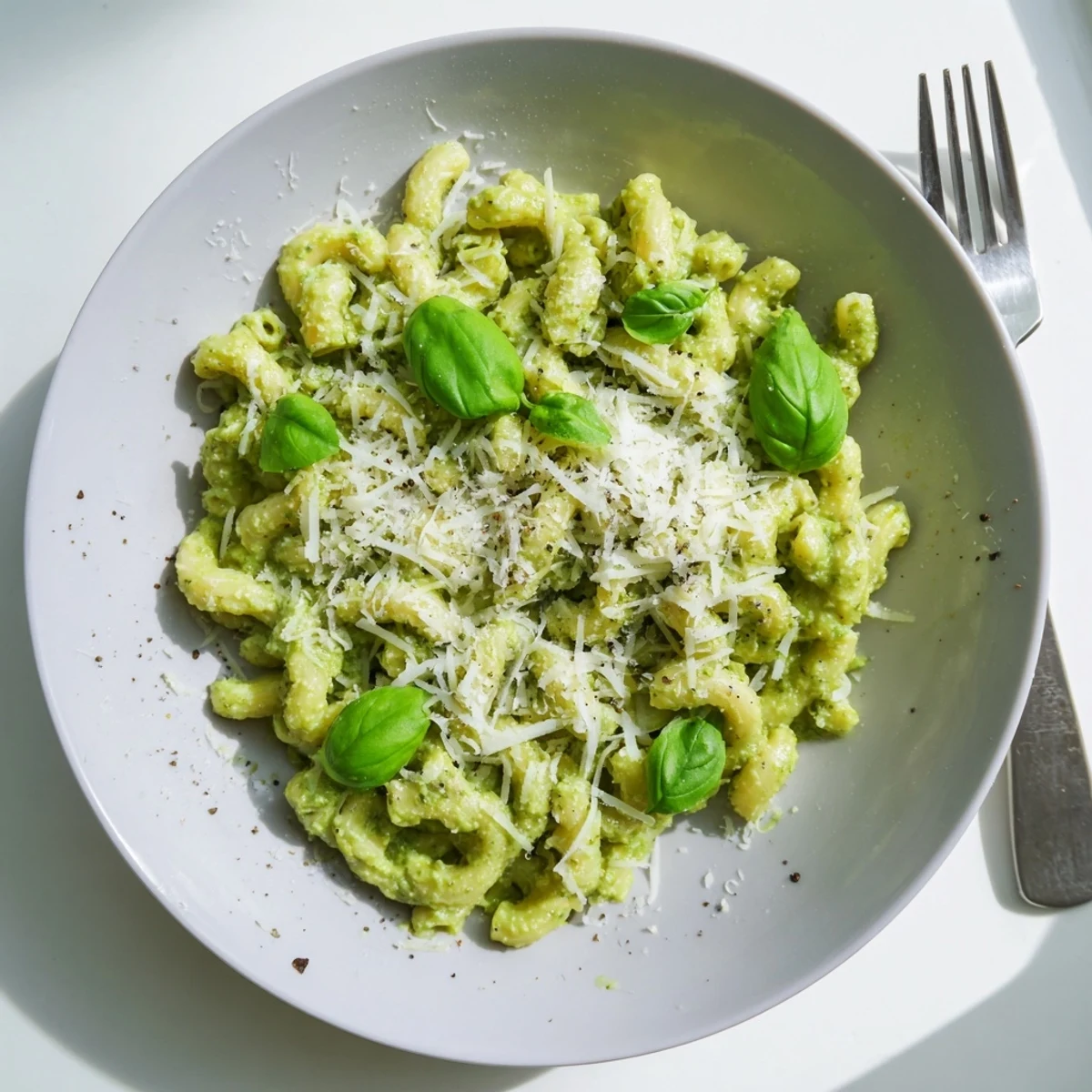 Serving suggestion for creamy avocado pesto mac, garnished with basil and pepper, ready to enjoy warm and fresh.