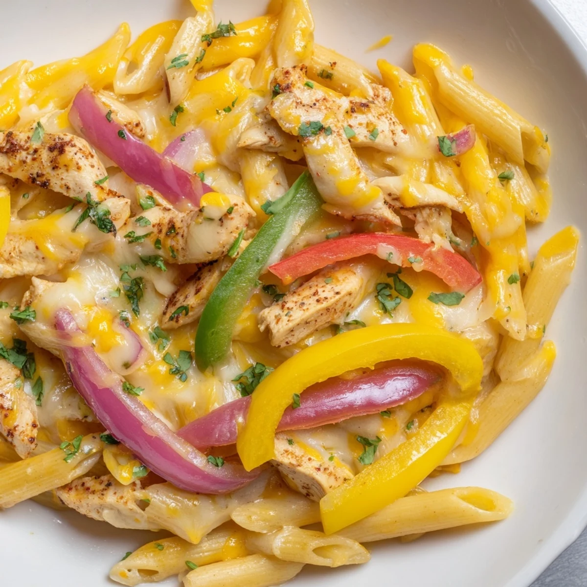 A vibrant Fajita Chicken Pasta Skillet with sautéed bell peppers and onions, finished with melted cheese and fresh cilantro garnish.