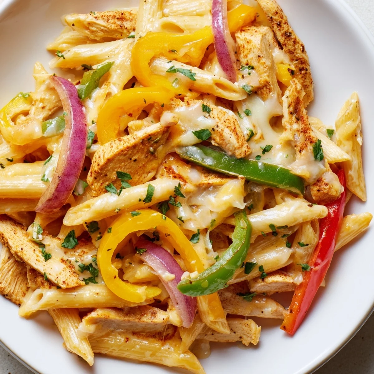 Steam rises from a skillet of Fajita Chicken Pasta, blending Tex-Mex spices with creamy sauce and crisp vegetables for a satisfying meal.