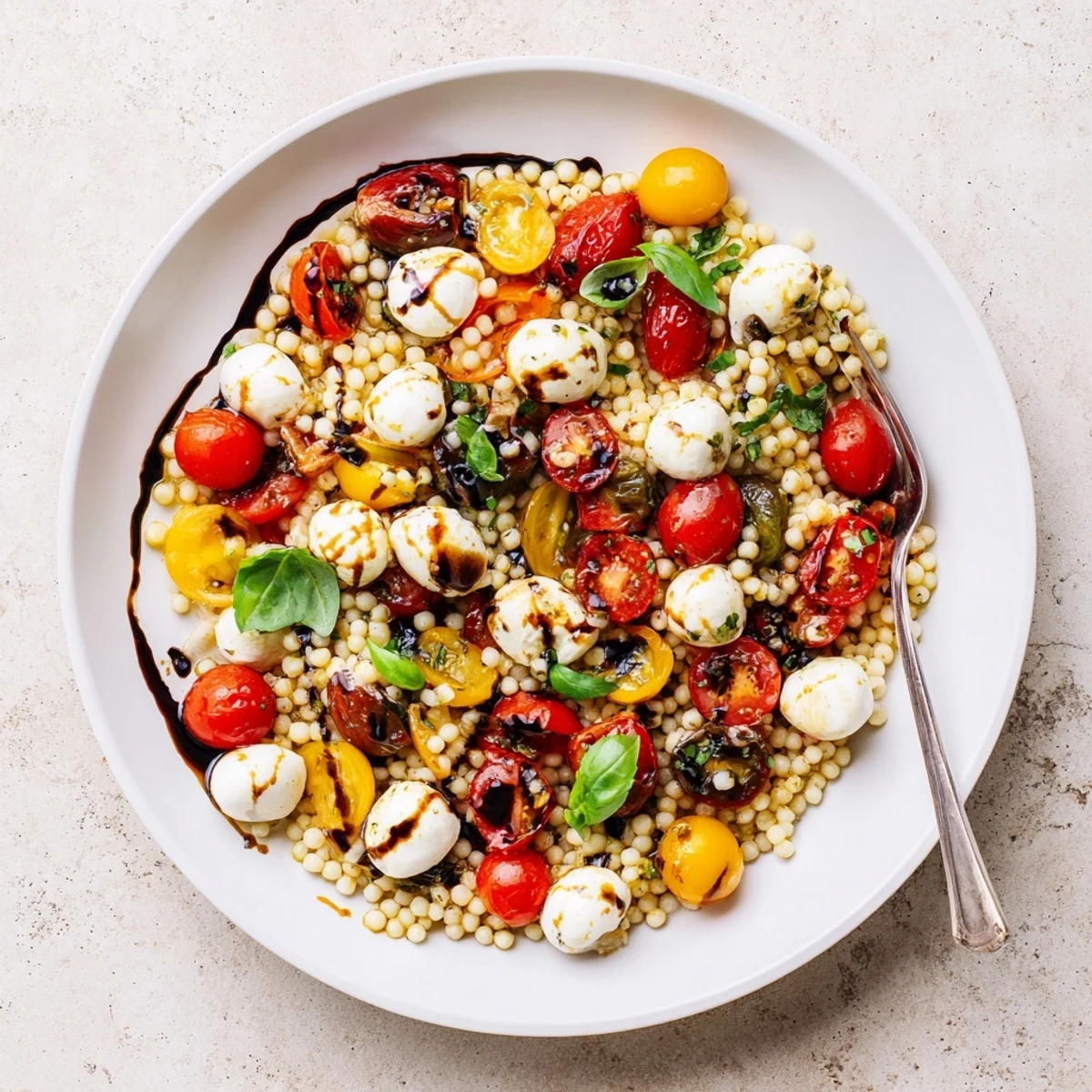 Close-up of Caprese Couscous Salad on a wooden cutting board, highlighting the glossy balsamic glaze and glistening olive oil on the ingredients.