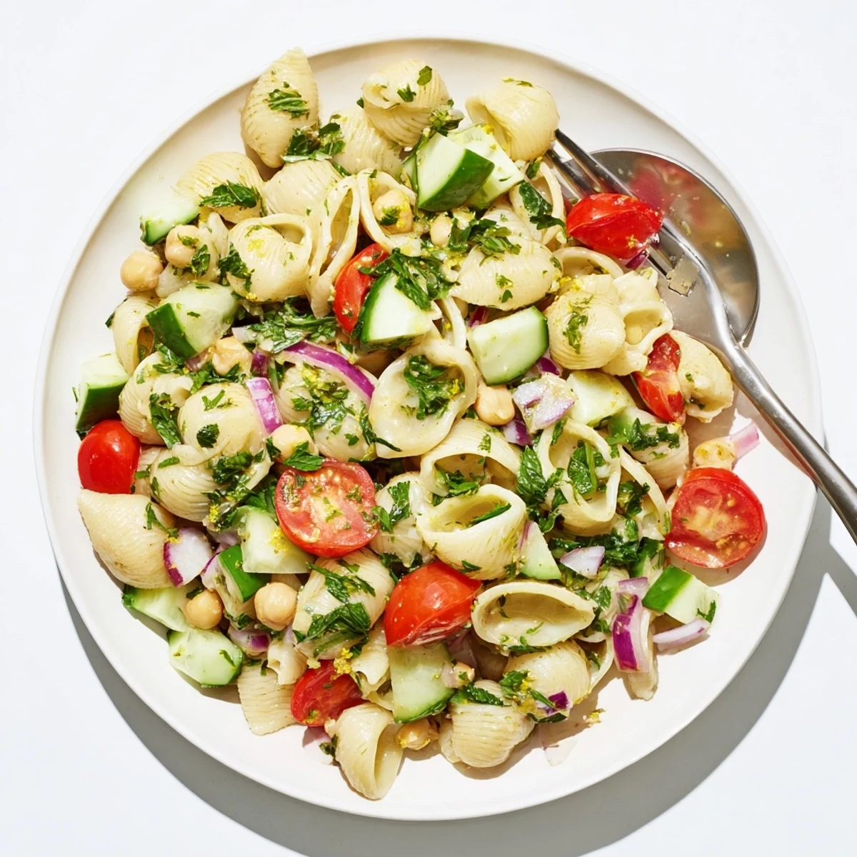 Bright green chickpea pasta salad with diced cucumber, halved cherry tomatoes, and fresh herbs, tossed in a zesty lemon-olive oil dressing.