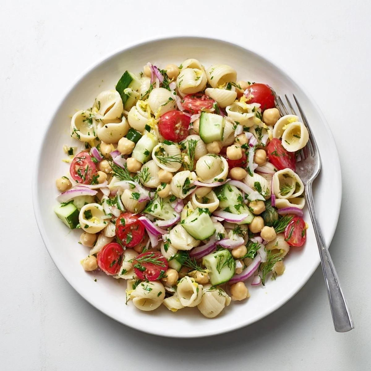 This vegetarian, gluten-free Lemon Herb Chickpea Pasta Salad is served chilled in a white bowl, perfect for a summer picnic.