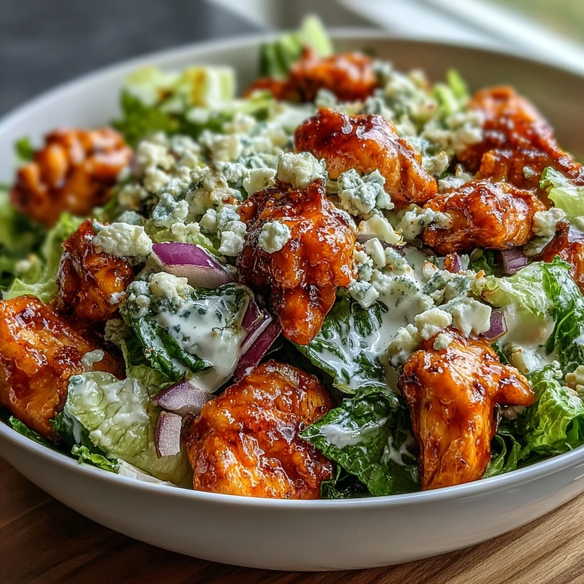 Vibrant Buffalo chicken chopped salad with blue cheese and zesty ranch dressing.