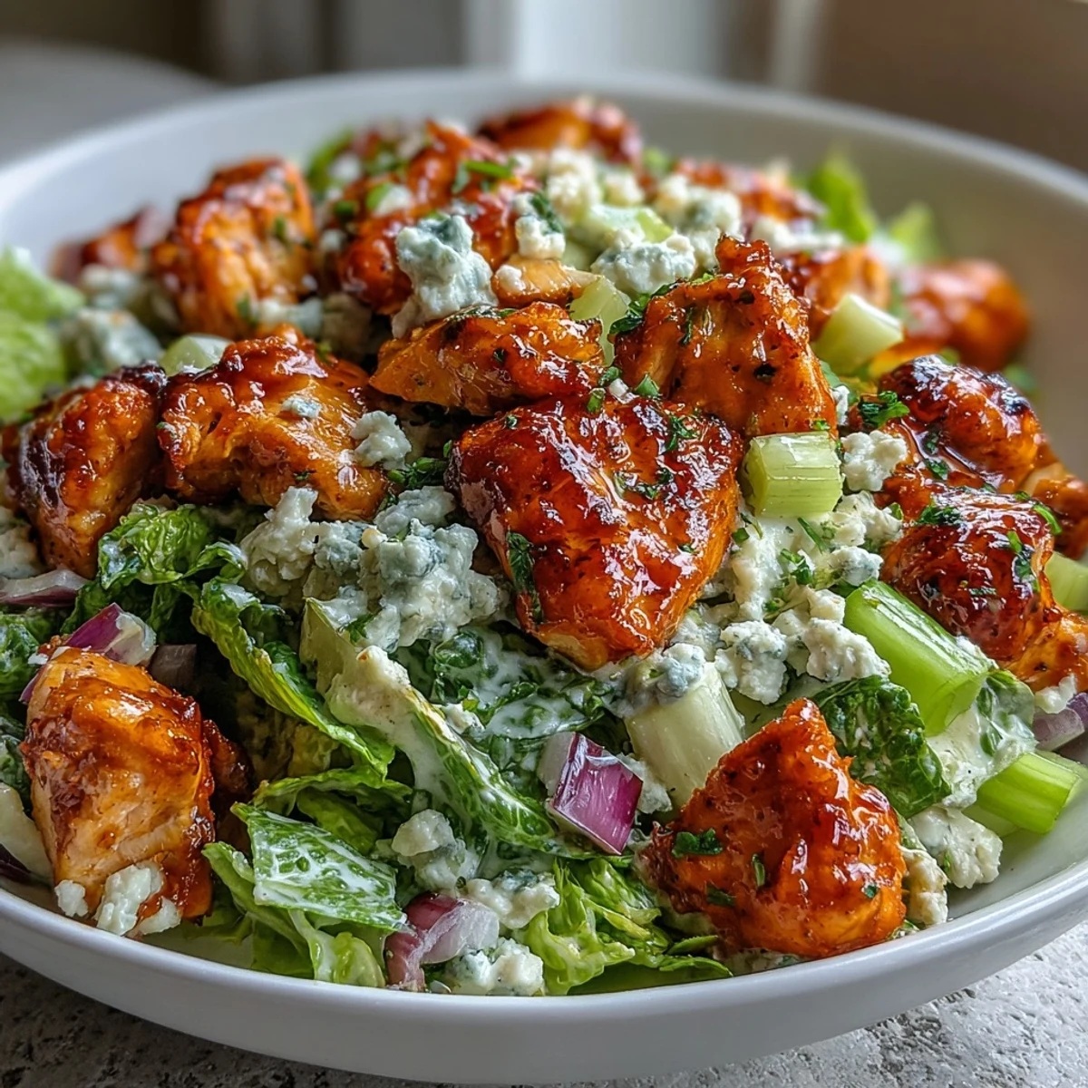 Tangy Buffalo chicken chopped salad, a quick and healthy lunch idea.