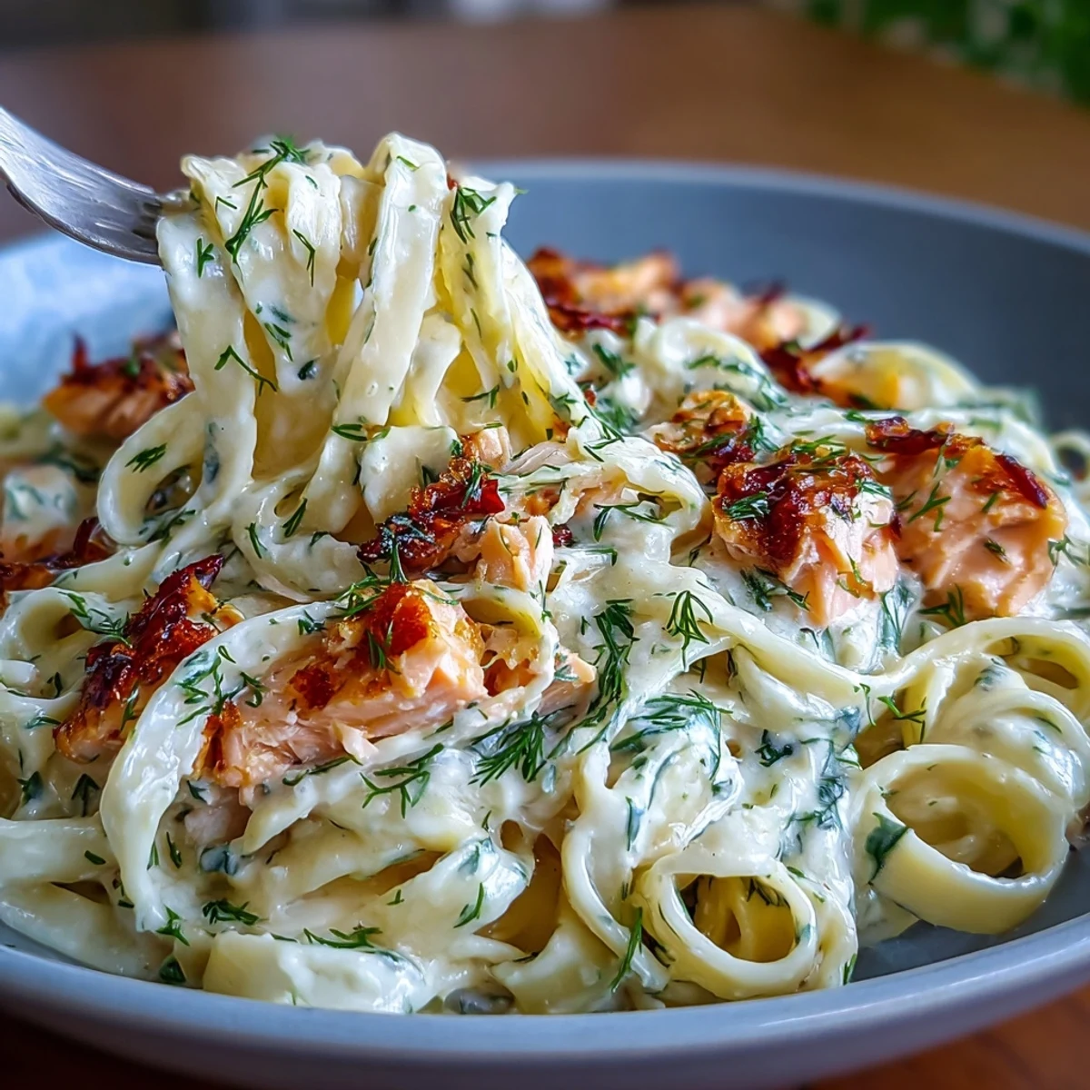 Creamy salmon pasta with flaked hot-smoked salmon and fresh dill in a silky lemon-cream sauce, served on a plate.  