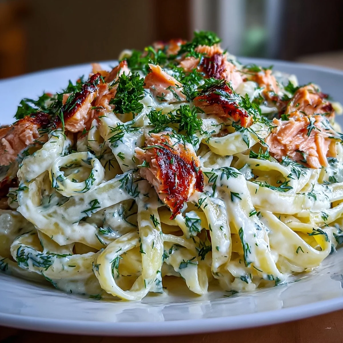 Plate of The Best Creamy Salmon Pasta featuring tender noodles coated in a creamy sauce, topped with herbs and lemon.