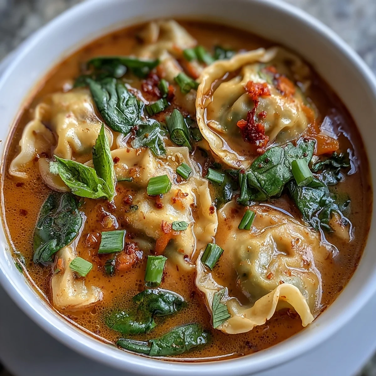 A steaming bowl of Red Curry Wonton Soup with greens features tender wontons and vibrant carrots in a creamy, aromatic broth.  