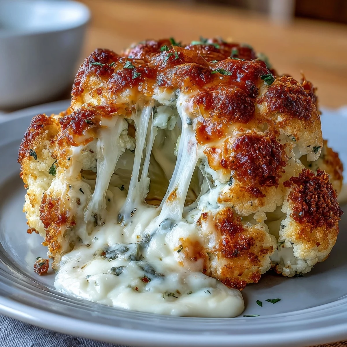 A whole roasted Cheesy Stuffed Cauliflower Head, golden brown and bubbling with creamy cheese filling, served as a vegetarian main dish.  